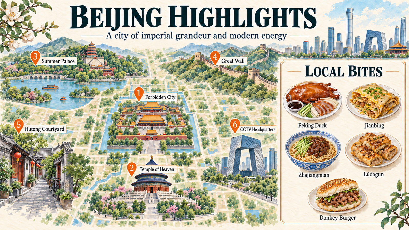 Beijing travel map highlighting the Forbidden City, Temple of Heaven, Summer Palace, Great Wall, Hutong Courtyard and CCTV Headquarters