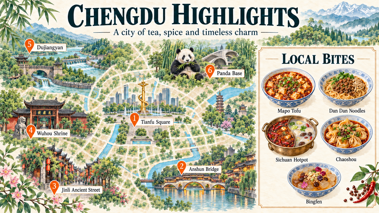 Chengdu travel map highlighting Tianfu Square, Anshun Bridge, Jinli Ancient Street, Wuhou Shrine, Dujiangyan and Panda Base
