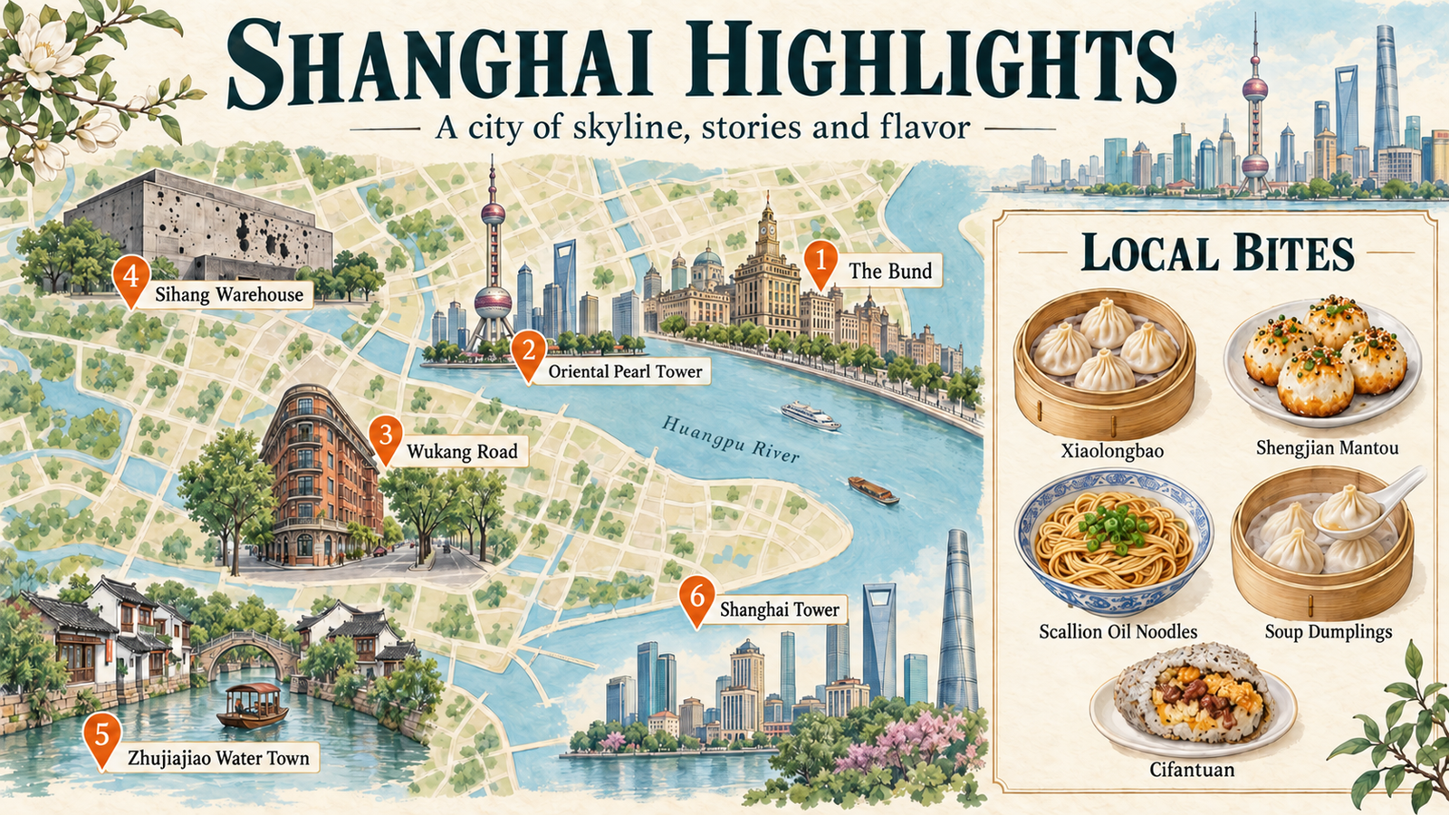 Shanghai travel map highlighting The Bund, Oriental Pearl Tower, Wukang Road, Sihang Warehouse and Zhujiajiao Water Town